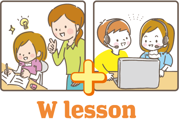 (アイコン画像）教室では日本人講師の個別授業とグループオンライン英会話とのWレッスン